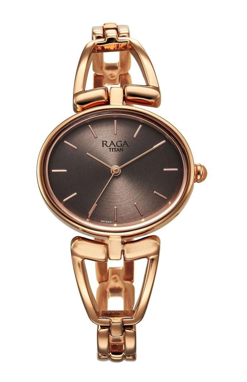 Titan Raga Ascend Quartz Analog Brown Dial With Rose Gold Color Metal Strap Watch For Women