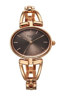 Titan Raga Ascend Quartz Analog Brown Dial With Rose Gold Color Metal Strap Watch For Women