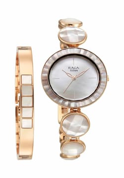 Titan Raga Power Pearls Quartz Analog Mother Of Pearl Dial faceted MOP Strap Watch for Women