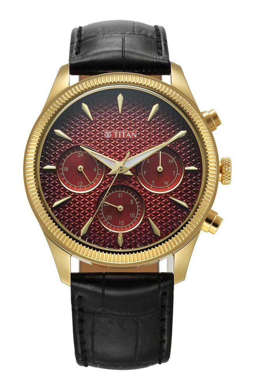 Titan Regalia Opulent Quartz Analog with Day and Date Red Dial Black Leather Strap Watch for Men
