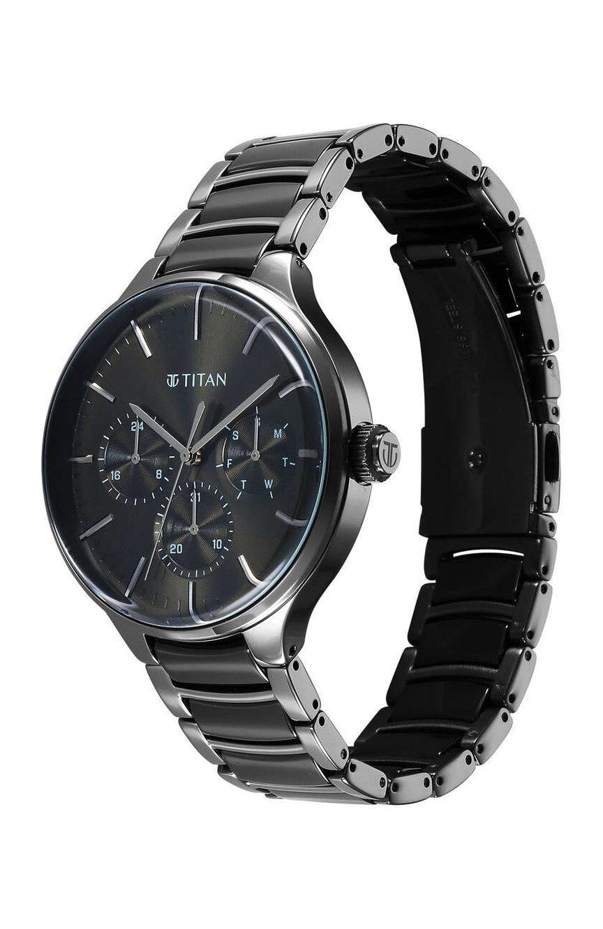 Titan Ceramic Fusion Multifunction Black Round Dial Two Toned Stainless Steel Strap Watch For Men