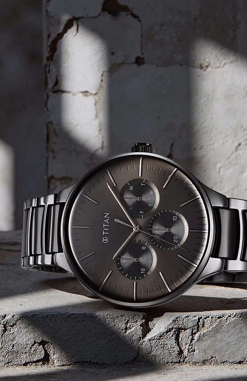 Titan Ceramic Fusion Multifunction Black Round Dial Two Toned Stainless Steel Strap Watch For Men