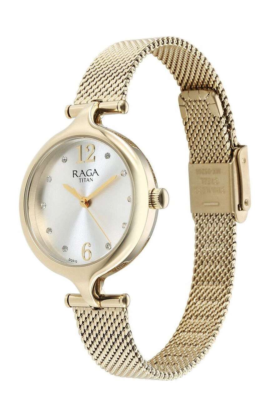 Titan Raga Showstopper Quartz Analog Silver Dial Golden Metal Strap Watch For Women