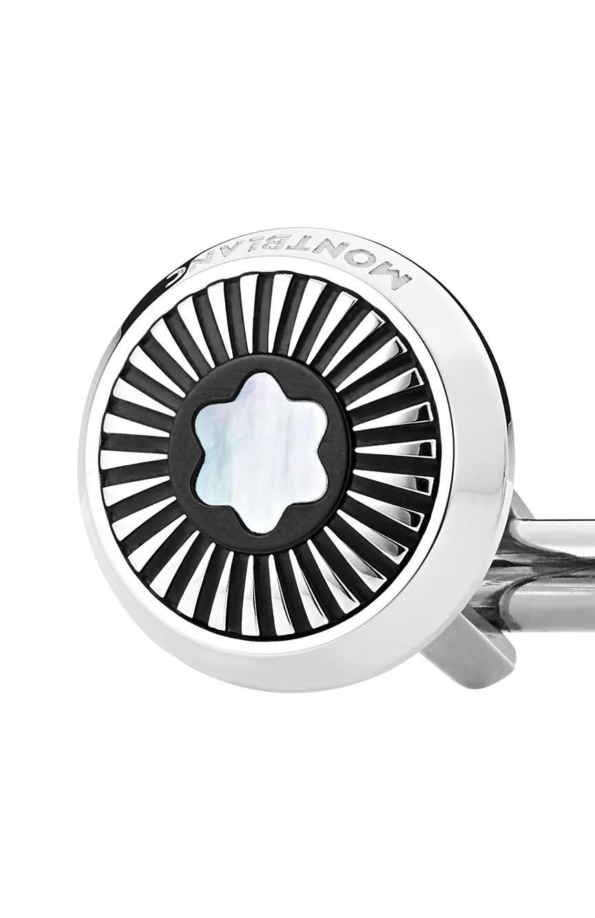 مون بلان أزرار أكمام بإطار دائري من الفولاذ المقاوم للصدأ مع تصميم راي وشعار قبعة الثلج من عرق اللؤلؤ