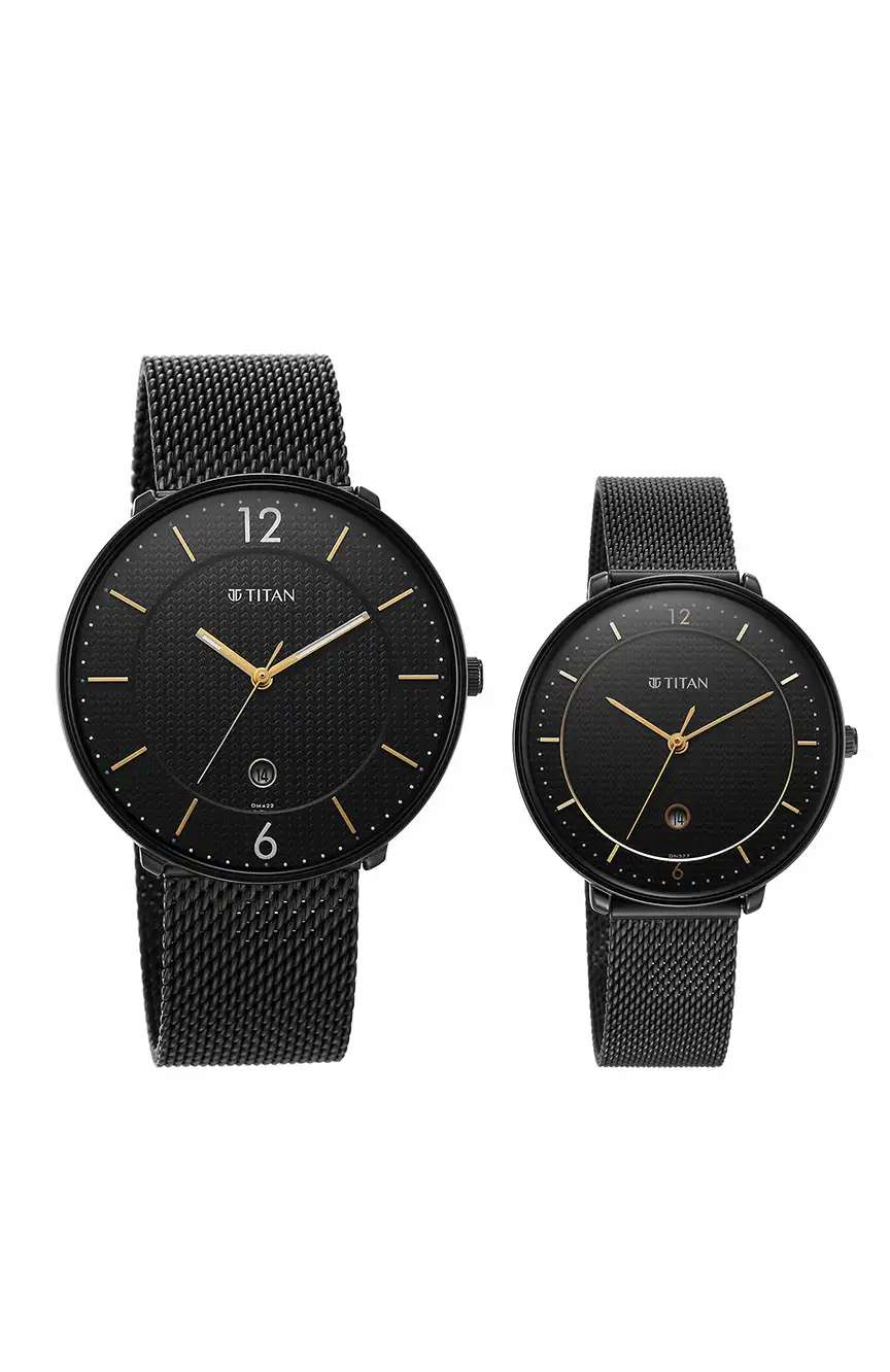 تيتان Bandhan Black Dial Analog with Date Stainless Steel Strap watch for Couple