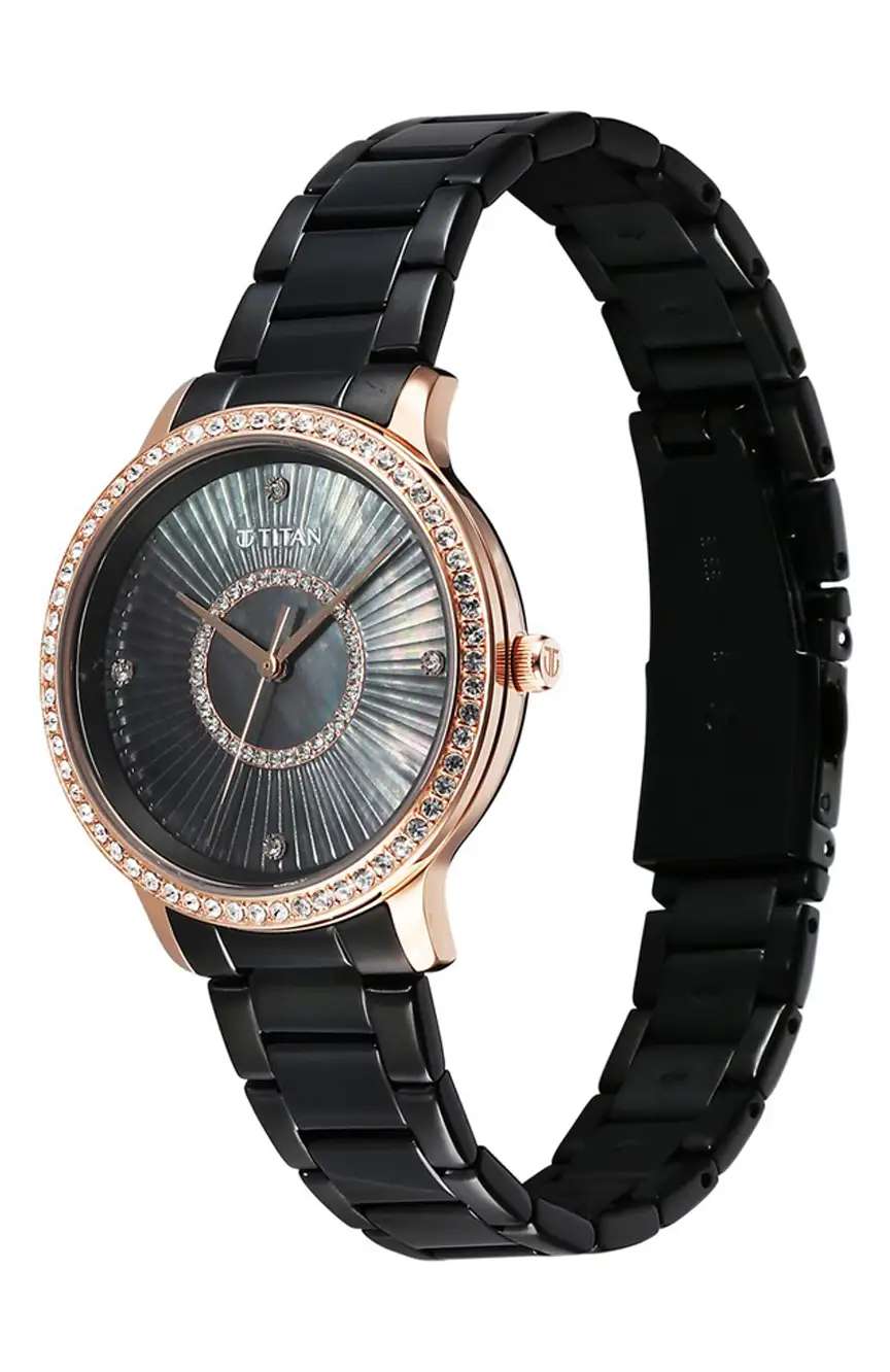 Titan Glamour Quartz Analog Black Dial Black Stainless Steel Strap Watch For Women