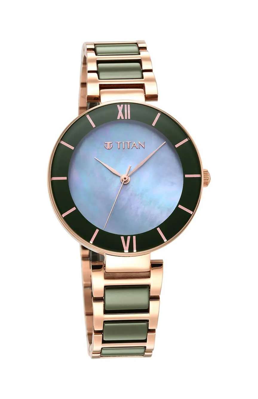Titan Purple Ceramics Green Dial Steel & Ceramic Strap Watch for Women