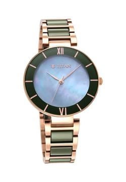 Titan Purple Ceramics Green Dial Steel & Ceramic Strap Watch for Women