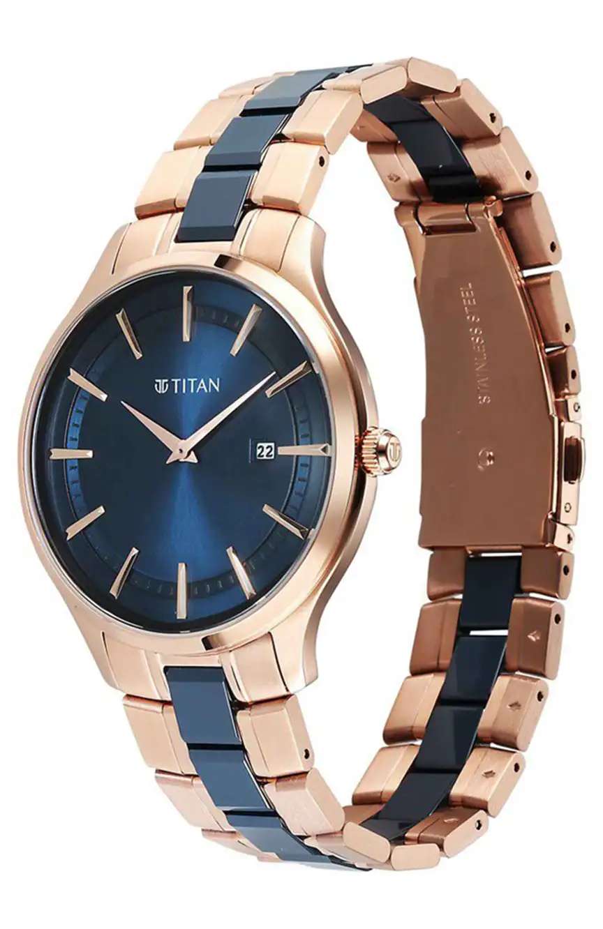 تيتان ساعة تيتان سيراميك فيوجن كوارتز بنافذة لعرض التاريخ بميناء أزرق وسوار ستانلس إستيل للرجال