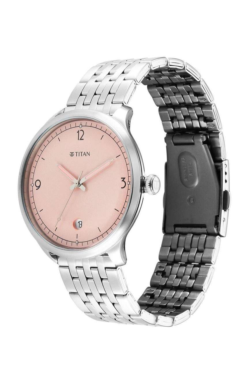 تيتان ساعة تيتان تايملس تريجرز كوارتز بنافذة لعرض التاريخ بميناء وردي وسوار فضي ستانلس إستيل للرجال