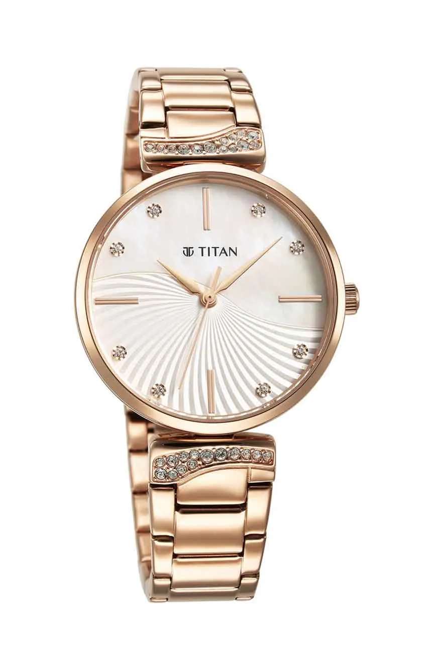 Titan Purple Style Up Quartz Analog Mother Of Pearl Dial Stainless Steel Strap Watch for Women