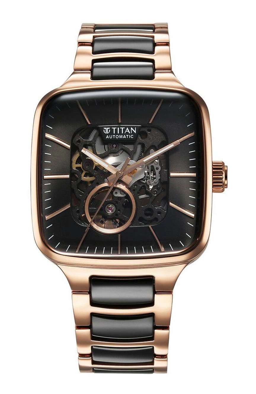 Titan Ceramic Fusion Automatic Square Black Dial Silver Dual-Toned Stainless Steel Bracelet Watch for Men