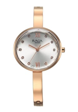 Titan ساعة تيتان راجا شوستوبر كوارتز بميناء فضي وسوار معدني لون ذهبي وردي للنساء