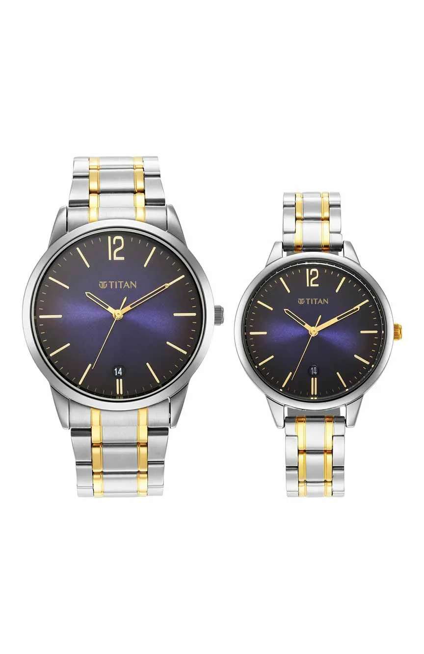 Titan Quartz Analog with Date Blue Dial Stainless Steel Strap Watch for Couple