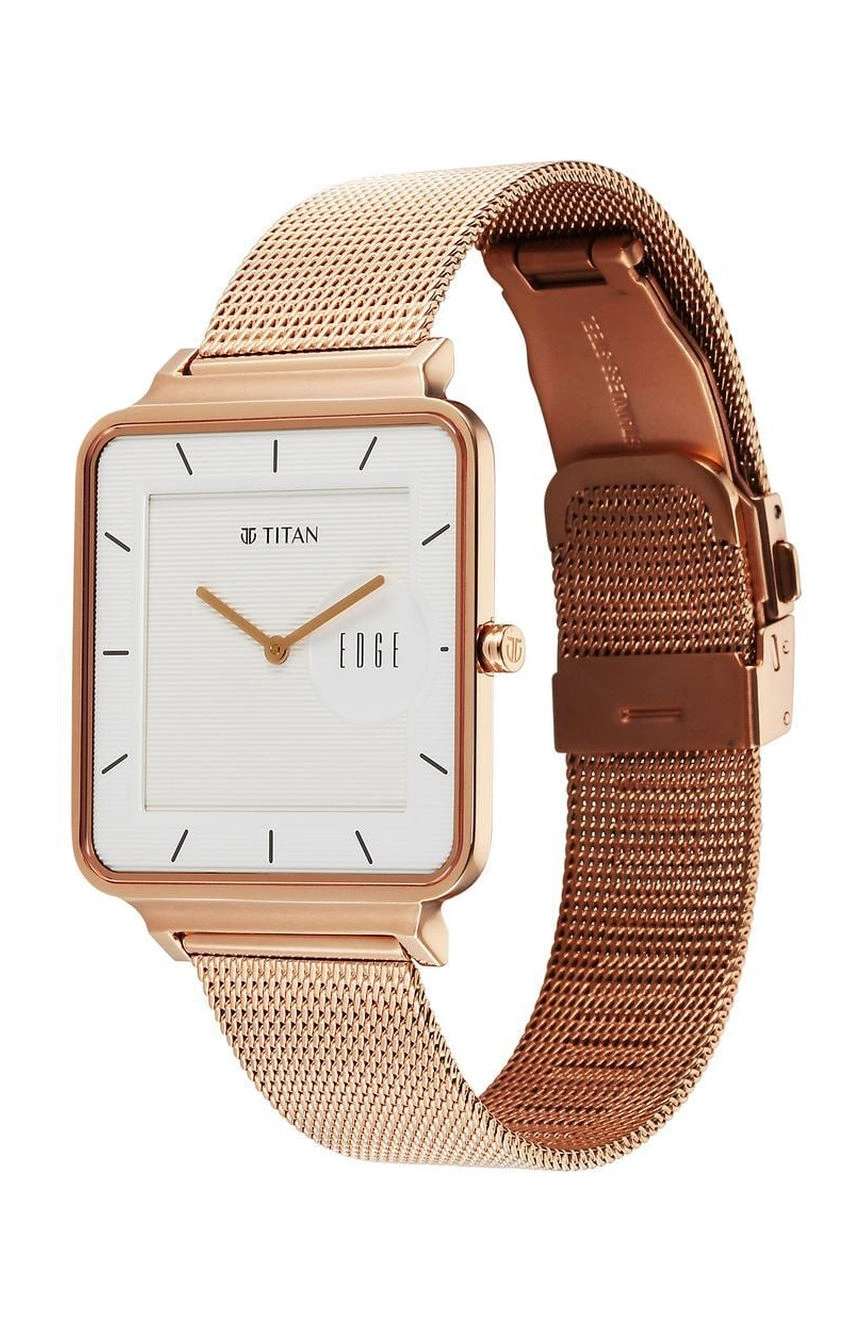 Titan Edge Quad Quartz Analog White Dial With Rose Gold Stainless Steel Strap Watch For Men
