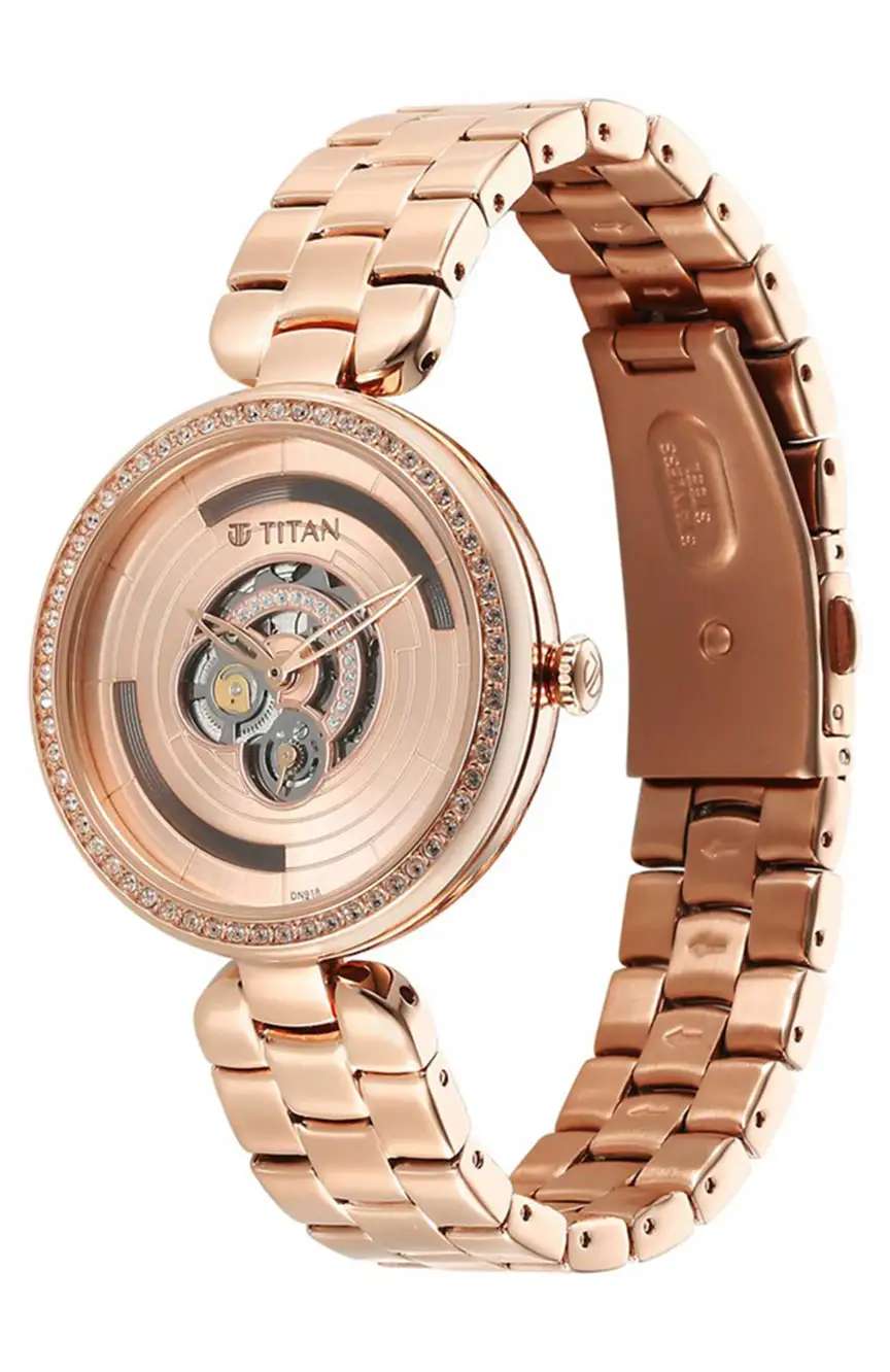 تيتان ساعة تيتان بيربل أبستراكت كوارتز بسوار ستانلس إستيل لون ذهبي وردي للنساء