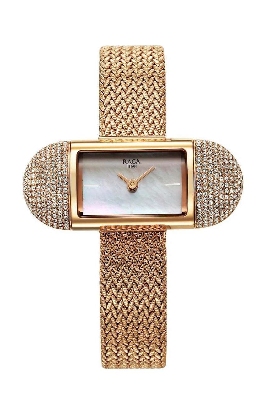 Titan Raga Memoirs Quartz Analog Mother Of Pearl Dial Watch For Women With Rose Gold Metal Strap