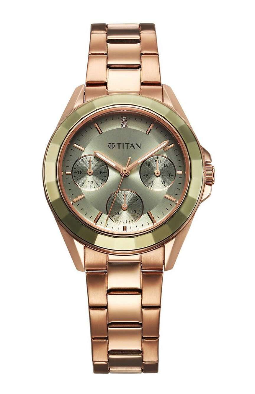 Titan Glamour Quartz Multifunction Green Dial Rose Gold Stainless Steel Strap Watch For Women
