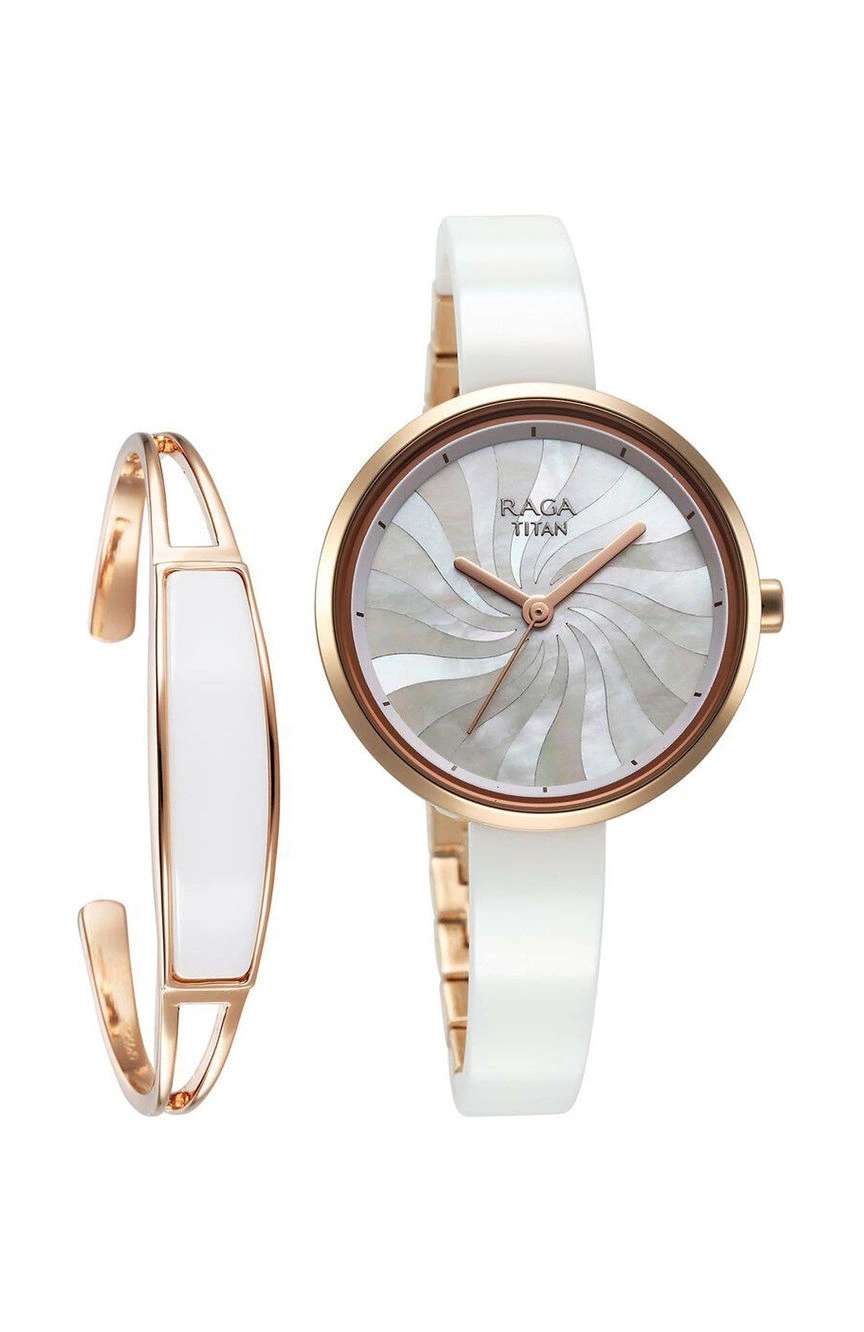 Titan Raga Memoirs Quartz Analog Mother Of Pearl Dial With White Ceramic Strap Watch For Women