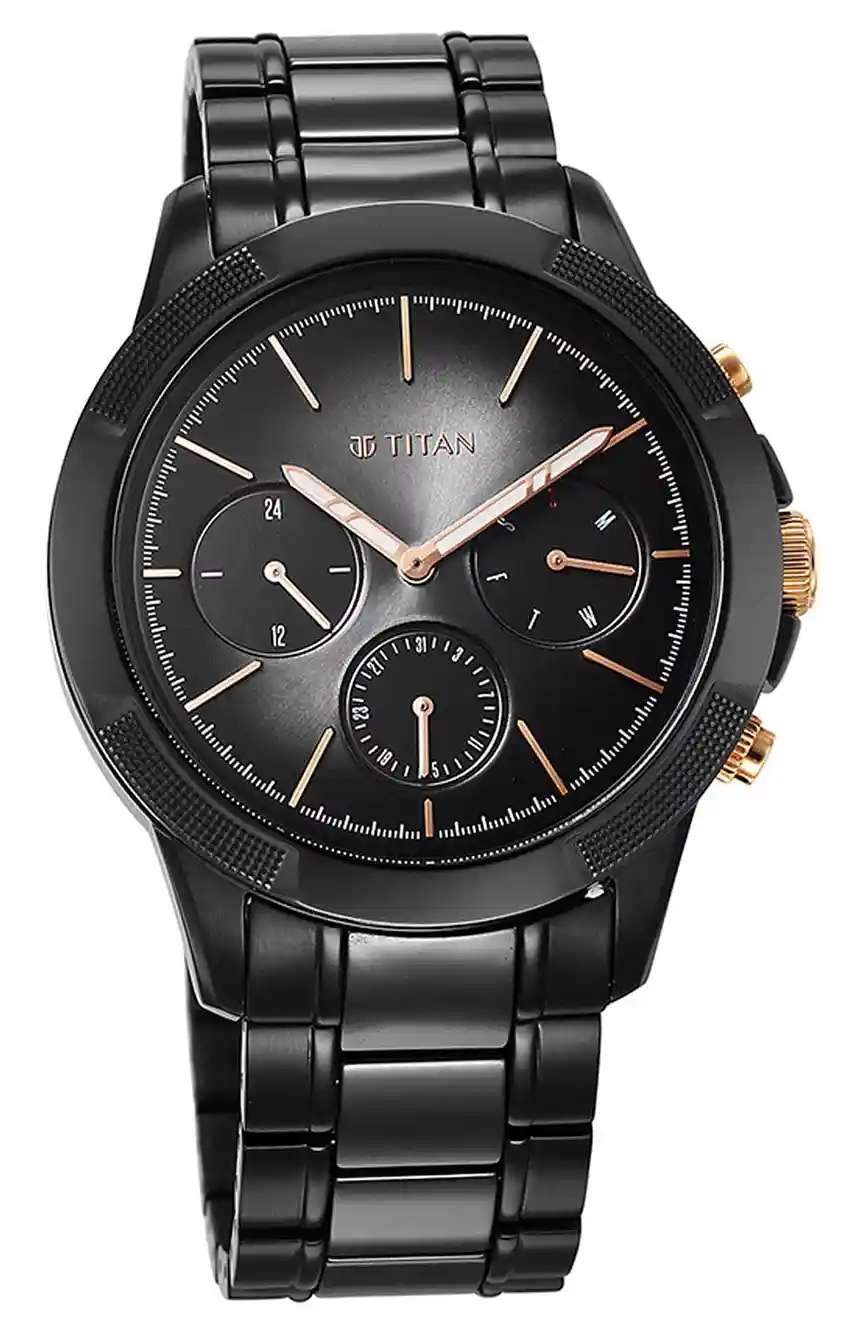 Titan Quartet Black Dial Analog with Day and Date Steel and Ceramic Strap watch for Men
