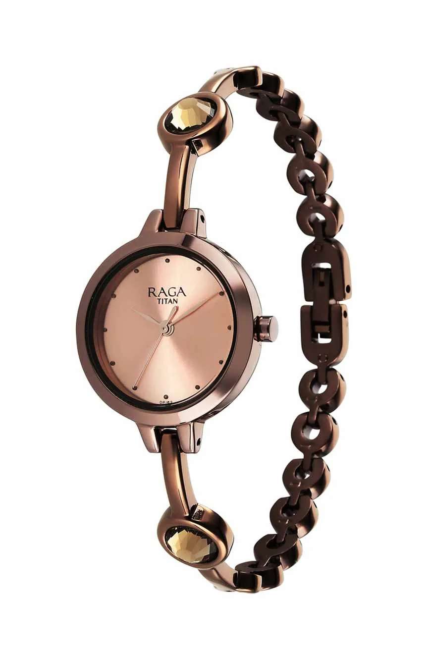 Titan Raga Viva Quartz Analog Rose Gold Dial Brown Metal Strap Watch for Women