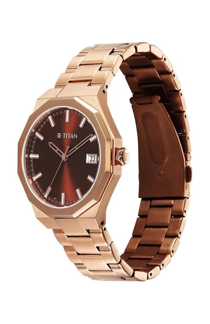 Titan Regalia Dodecagon Quartz Analog with Date Brown Dial Rose Gold Stainless Steel Strap Watch For Men