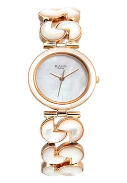 Titan Raga Power Pearls Quartz Analog Mother of Pearl Round Dial Rose Gold Metal Strap Watch For Women