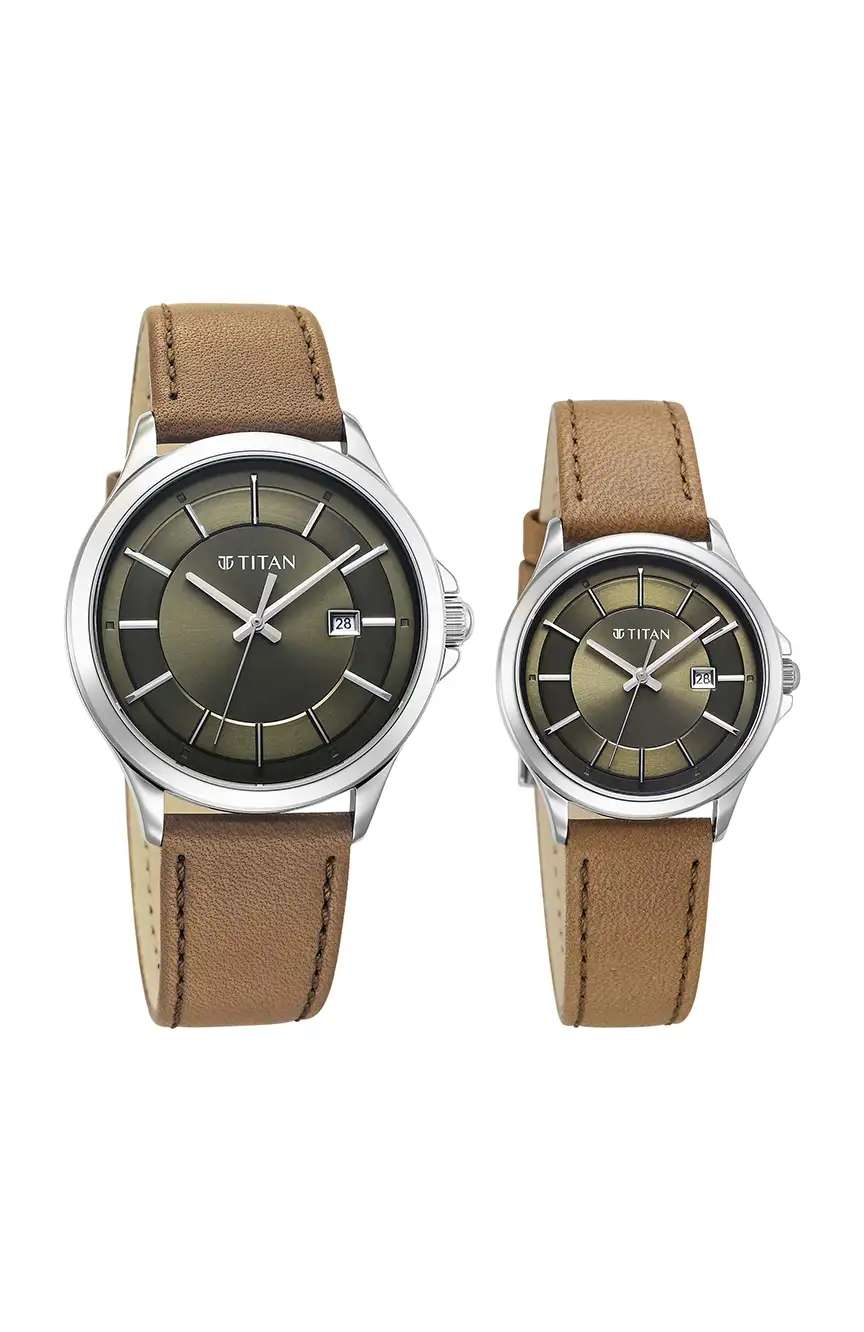 تيتان Bandhan Quartz Analog with Date Green Dial Brown Leather Strap Watch For Couple