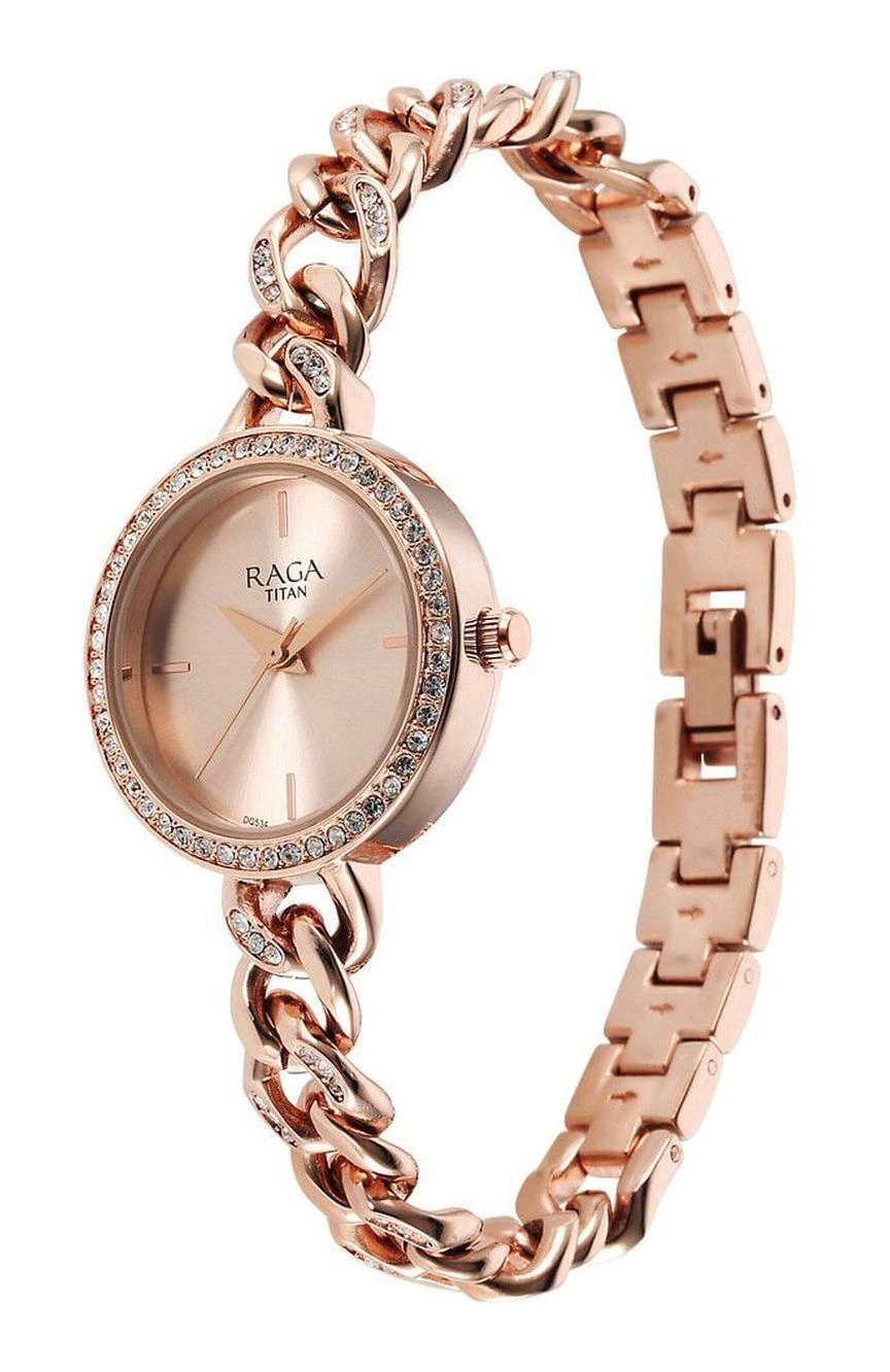 تيتان ساعة تيتان راجا شوستوبر كوارتز بميناء ذهبي وردي وسوار معدني لون ذهبي وردي للنساء