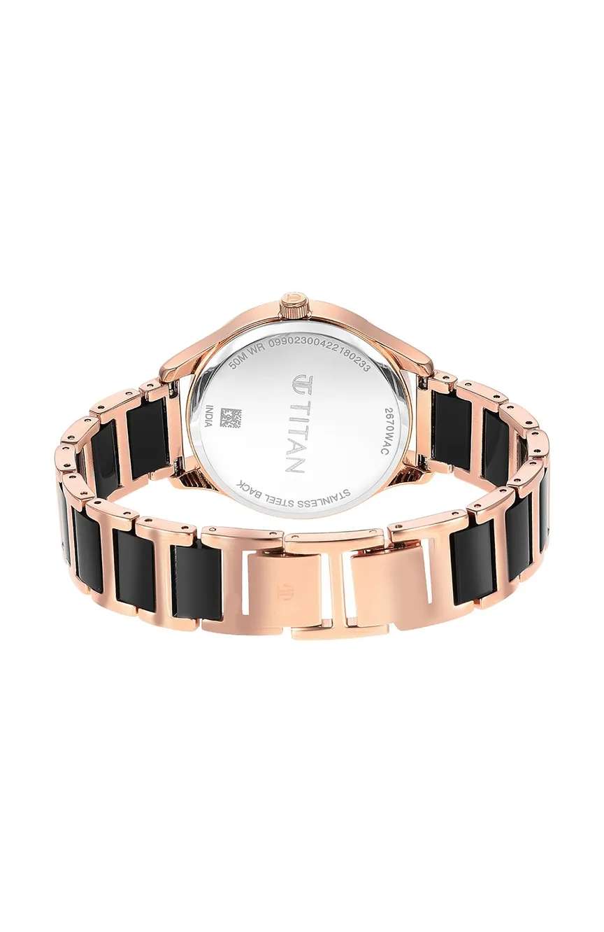 Titan Purple Acetate Black Dial Analog with Day and Date Metal and Acetate Strap Watch for Women