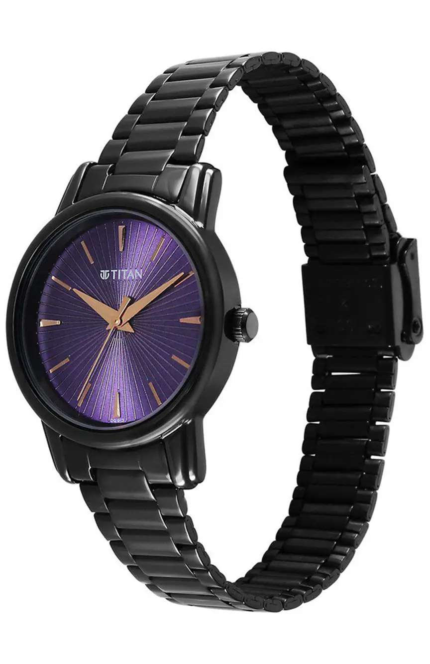 Titan Karishma Quartz Analog Purple Dial Black Stainless Steel Strap Watch For Women