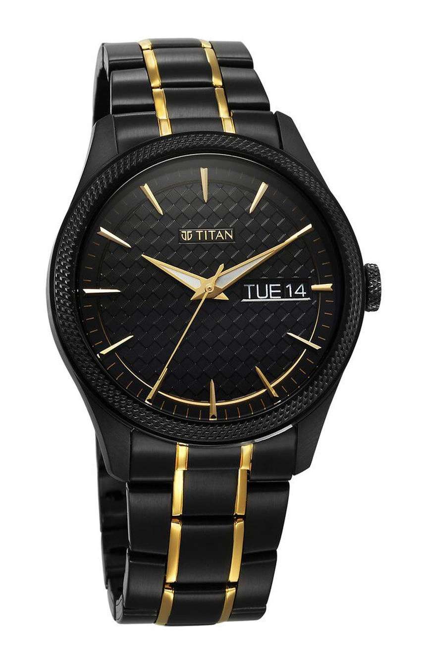 تيتان ساعة تيتان ريجاليا أوبيولنت كوارتز بميناء أسود بنافذة لعرض اليوم والتاريخ وسوار ستانلس إستيل للرجال