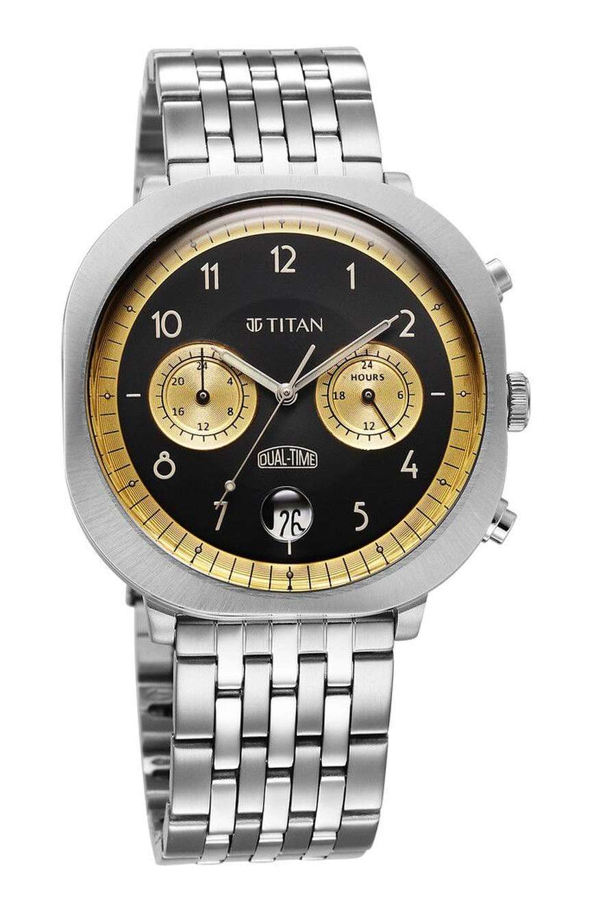 Titan Timeless Treasures Quartz Analog Dual Time Black Dial With Silver Color Stainless Steel Strap Watch For Men