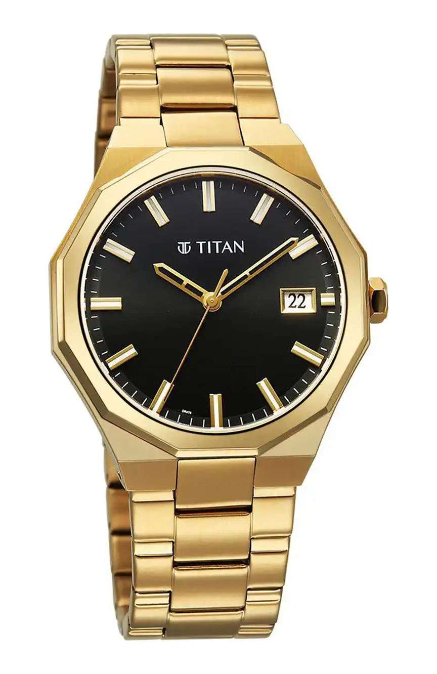 تيتان ساعة تيتان ريجاليا دوديكاجون كوارتز بنافذة لعرض التاريخ بميناء أسود وسوار ستانلس إستيل ذهبي للرجال