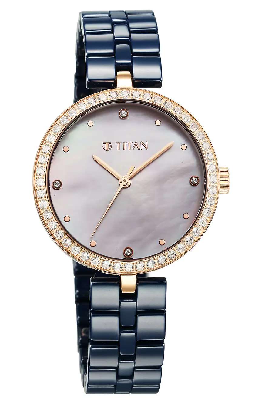 Titan Purple Ceramics Quartz Analog Mother of Pearl Dial Blue Ceramic Strap Watch For Women