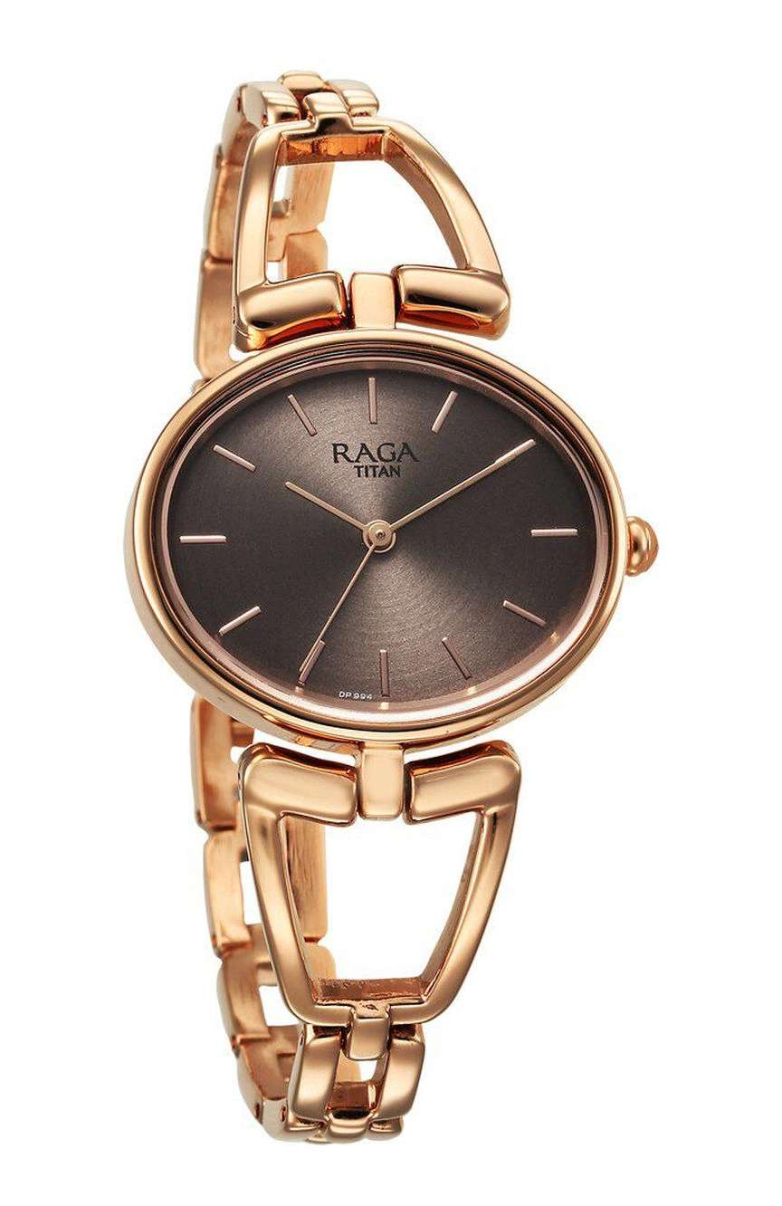 Titan Raga Ascend Quartz Analog Brown Dial With Rose Gold Color Metal Strap Watch For Women