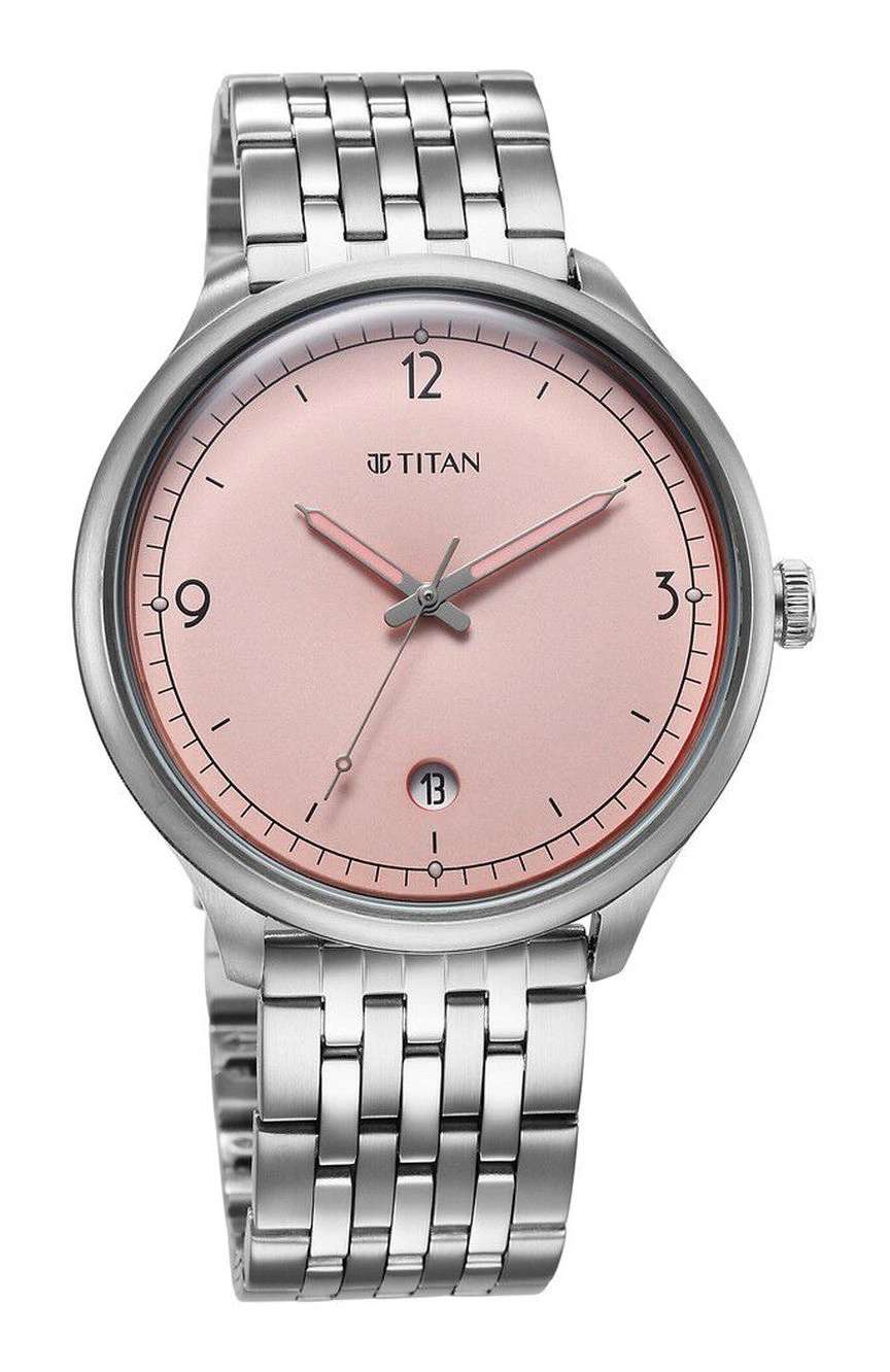 تيتان ساعة تيتان تايملس تريجرز كوارتز بنافذة لعرض التاريخ بميناء وردي وسوار فضي ستانلس إستيل للرجال