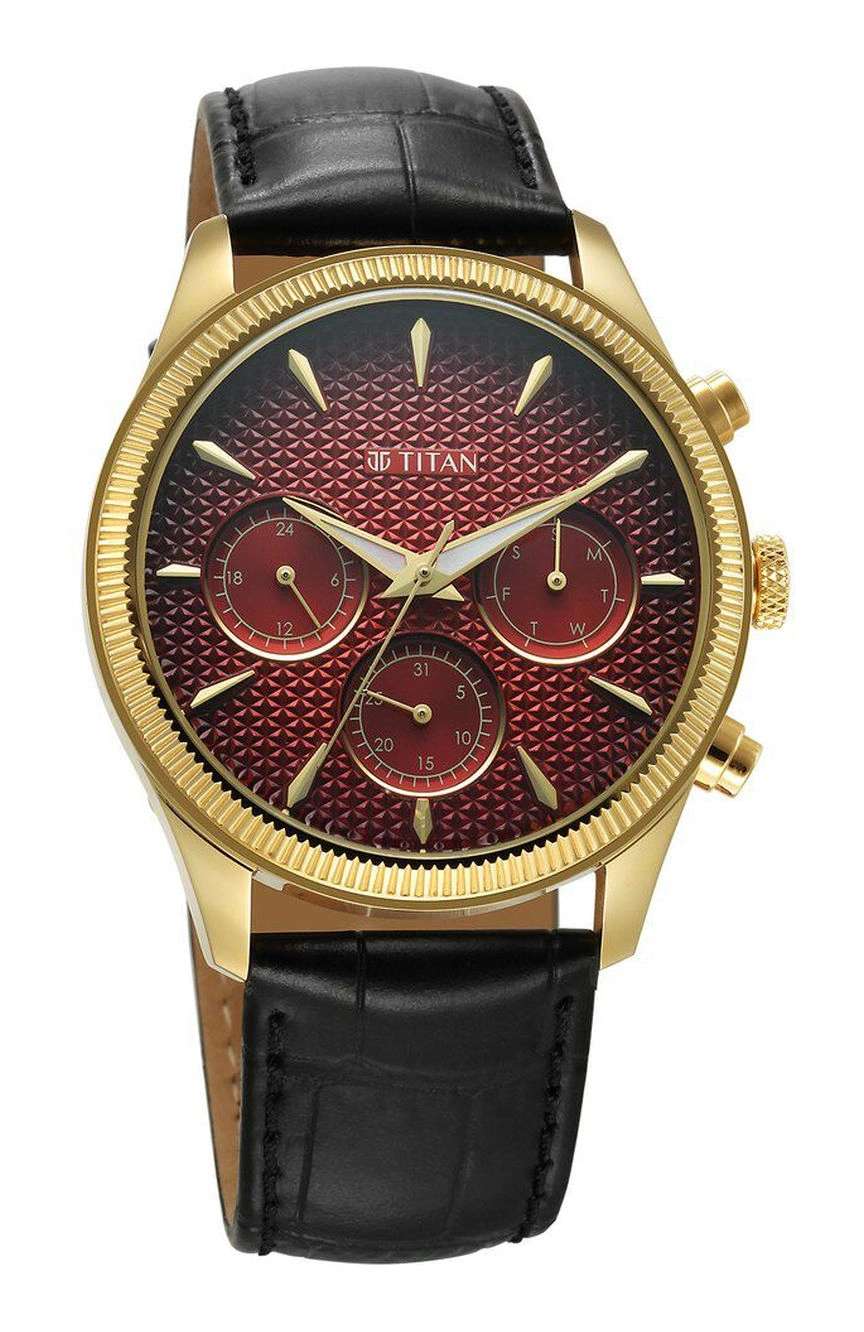 Titan Regalia Opulent Quartz Analog with Day and Date Red Dial Black Leather Strap Watch for Men