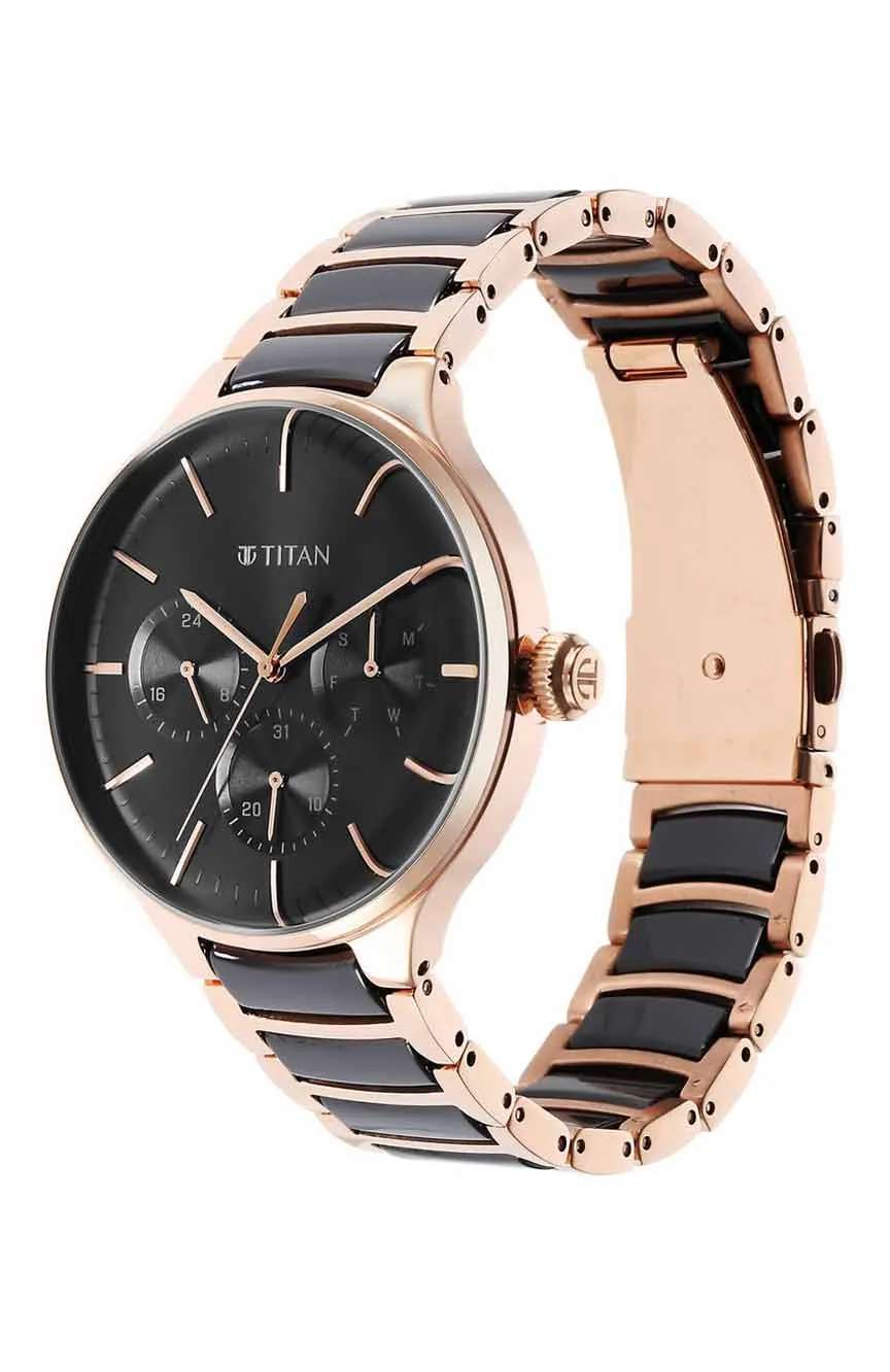 Titan Ceramic Fusion Quartz Multifunction Black Dial Rose Gold Dual-Toned Stainless Steel Bracelet Watch for Men