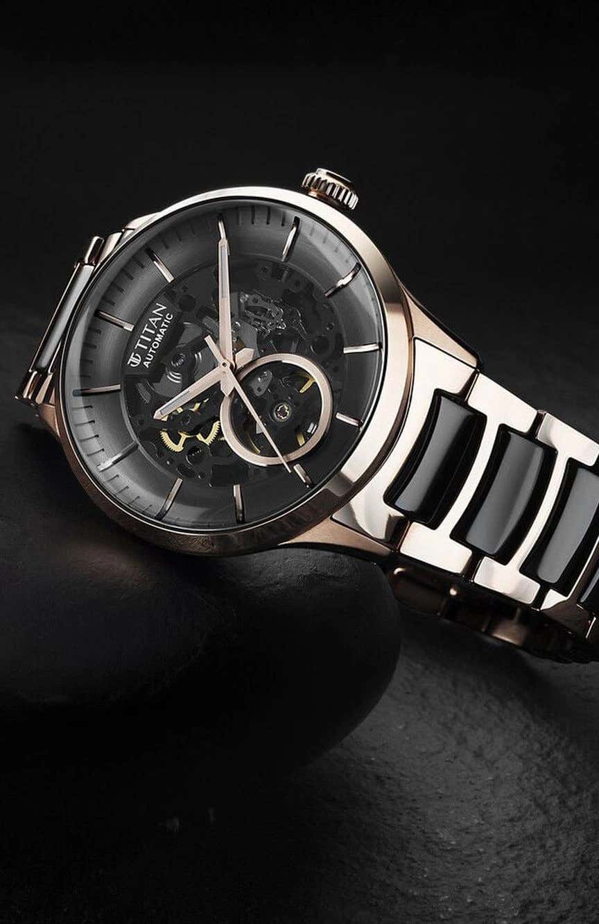 Titan Ceramic Fusion Automatic Black Dial Rose Gold Dual-Toned Stainless Steel Bracelet Watch for Men
