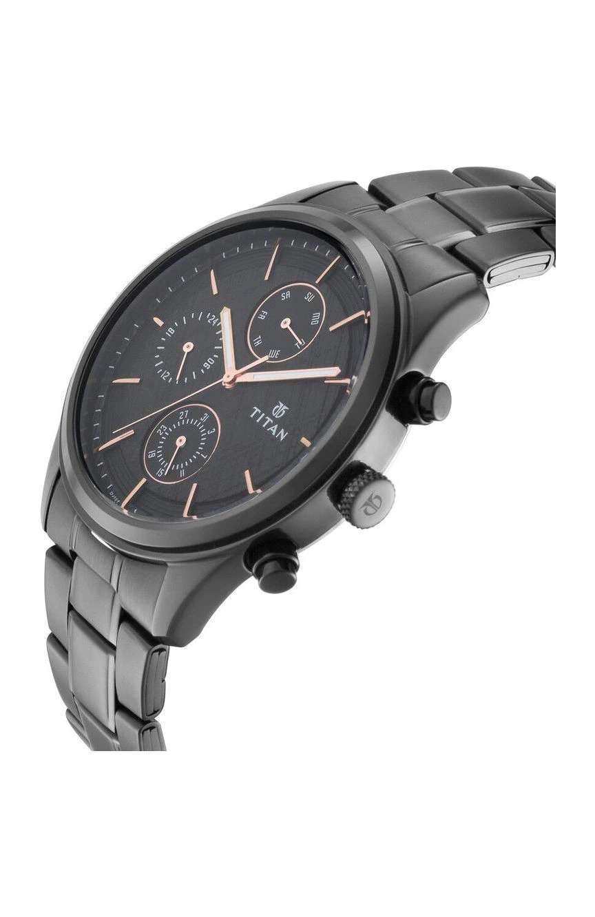 Titan Workwear Multifunction Black Round Dial Black Metal Strap Watch For Men