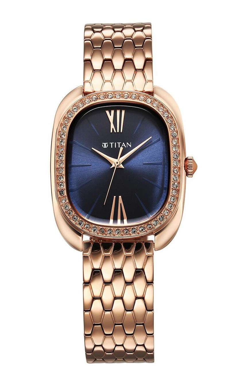 Titan Glamour Quartz Analog Blue Dial Rose Gold Stainless Steel Strap Watch For Women