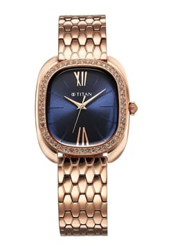 Titan Glamour Quartz Analog Blue Dial Rose Gold Stainless Steel Strap Watch For Women
