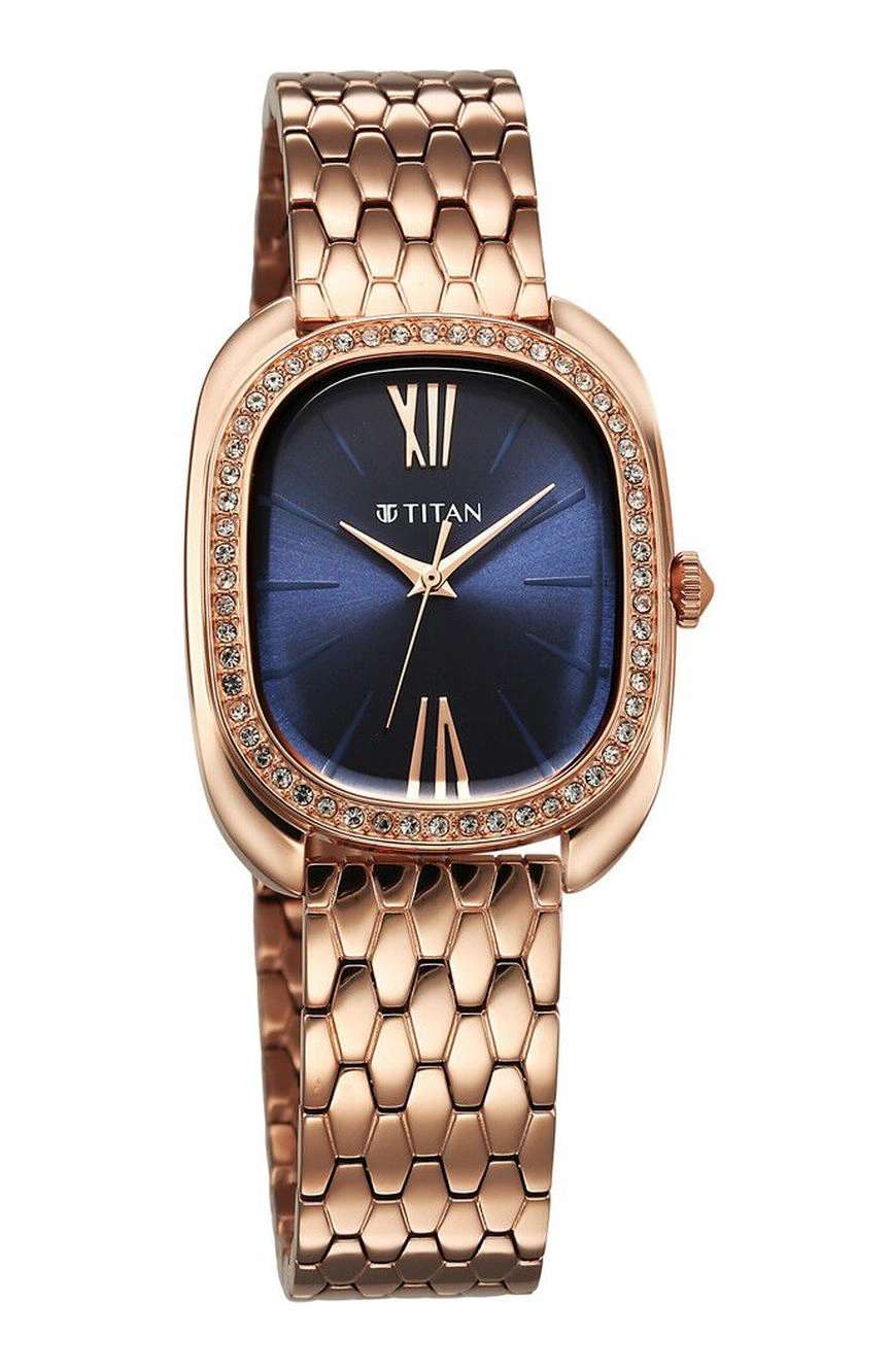 Titan Glamour Quartz Analog Blue Dial Rose Gold Stainless Steel Strap Watch For Women
