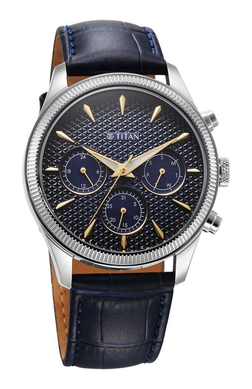 Titan Regalia Opulent Quartz Analog with Day and Date Blue Dial Blue Leather Strap Watch for Men