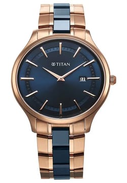 Titan Slim Ceramic Fusion Quartz Analog with Date Blue Dial Stainless Steel Strap Watch For Men