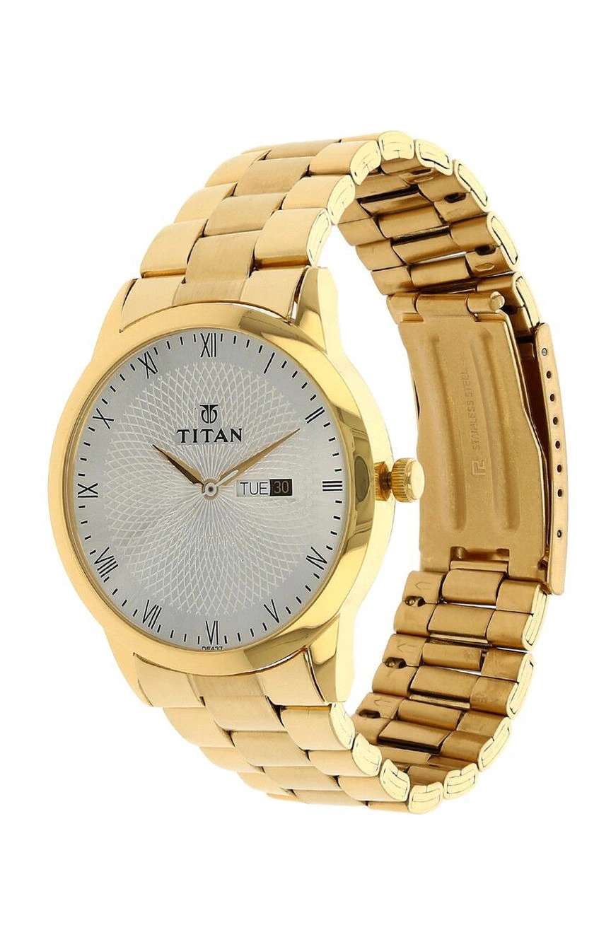 Titan Quartz Analog with Day and Date Silver Round Dial Golden Stainless Steel Strap Watch For Men