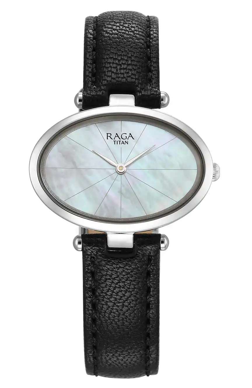 Titan Raga Silver Quartz Analog Mother Of Pearl Dial Sterling Silver Case With Black Color Leather Strap Watch For Women