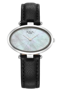 Titan Raga Silver Quartz Analog Mother Of Pearl Dial Sterling Silver Case With Black Color Leather Strap Watch For Women
