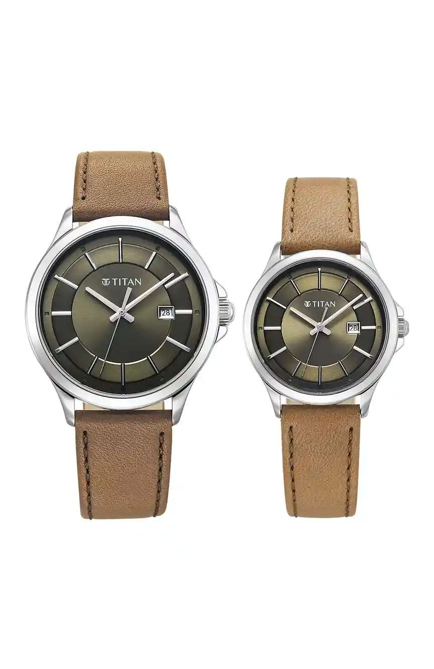 تيتان Bandhan Quartz Analog with Date Green Dial Brown Leather Strap Watch For Couple